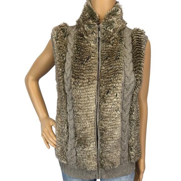 Fuda Faux Fur Cable Knit Vest Tan Brown Full Zip Size S - Picture 2 of 9